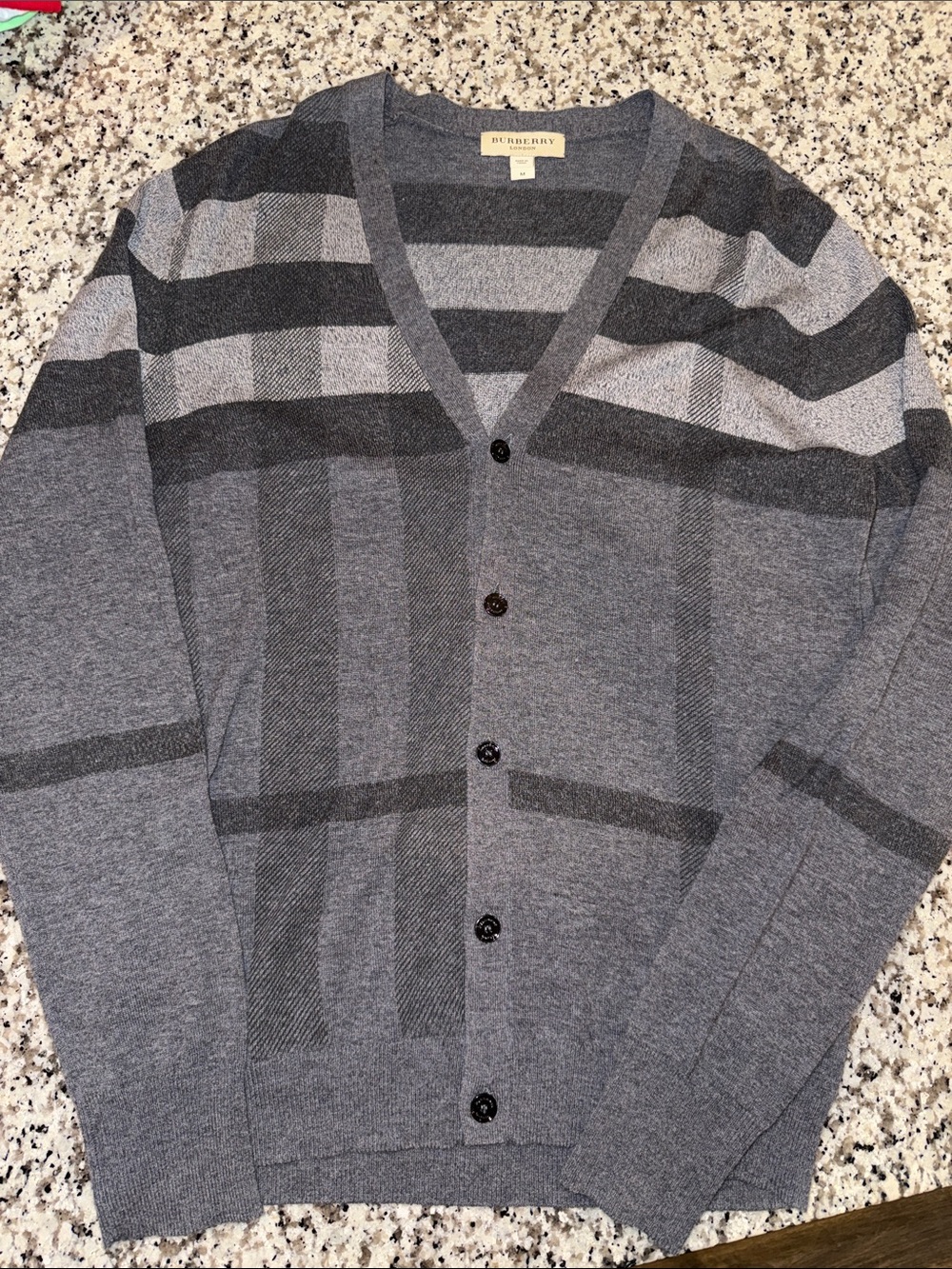 Burberry Men's Gray Striped V-Neck Button Cardigan